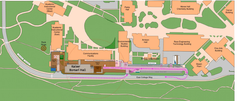 Map showing the site of Kaiser Borsari Hall east of the Communications Facility